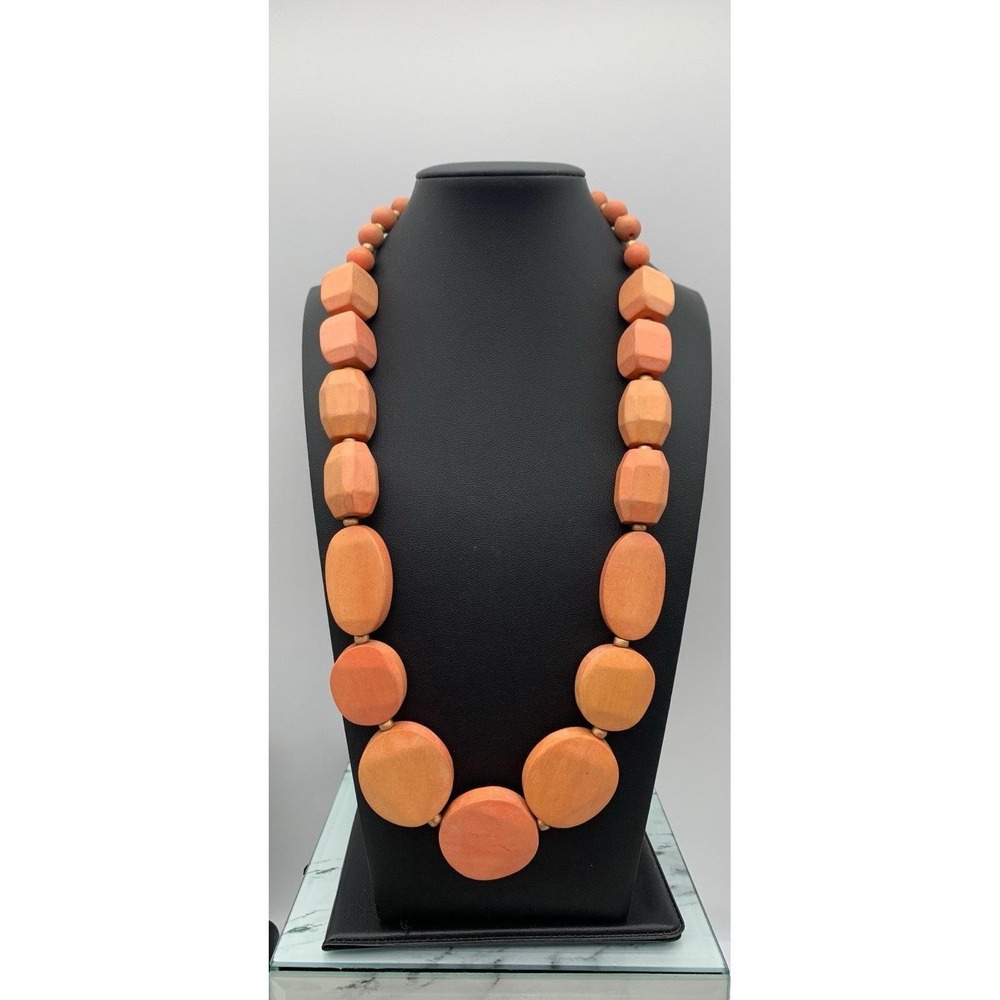 Vintage Light Peach / Orange Colored Chunky Wood / Wooden Handmade Necklace 22"